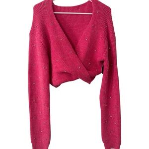 Boutique Hot Pink Cropped Wrap Sweater with Rhinestone Studs– Thick Knit